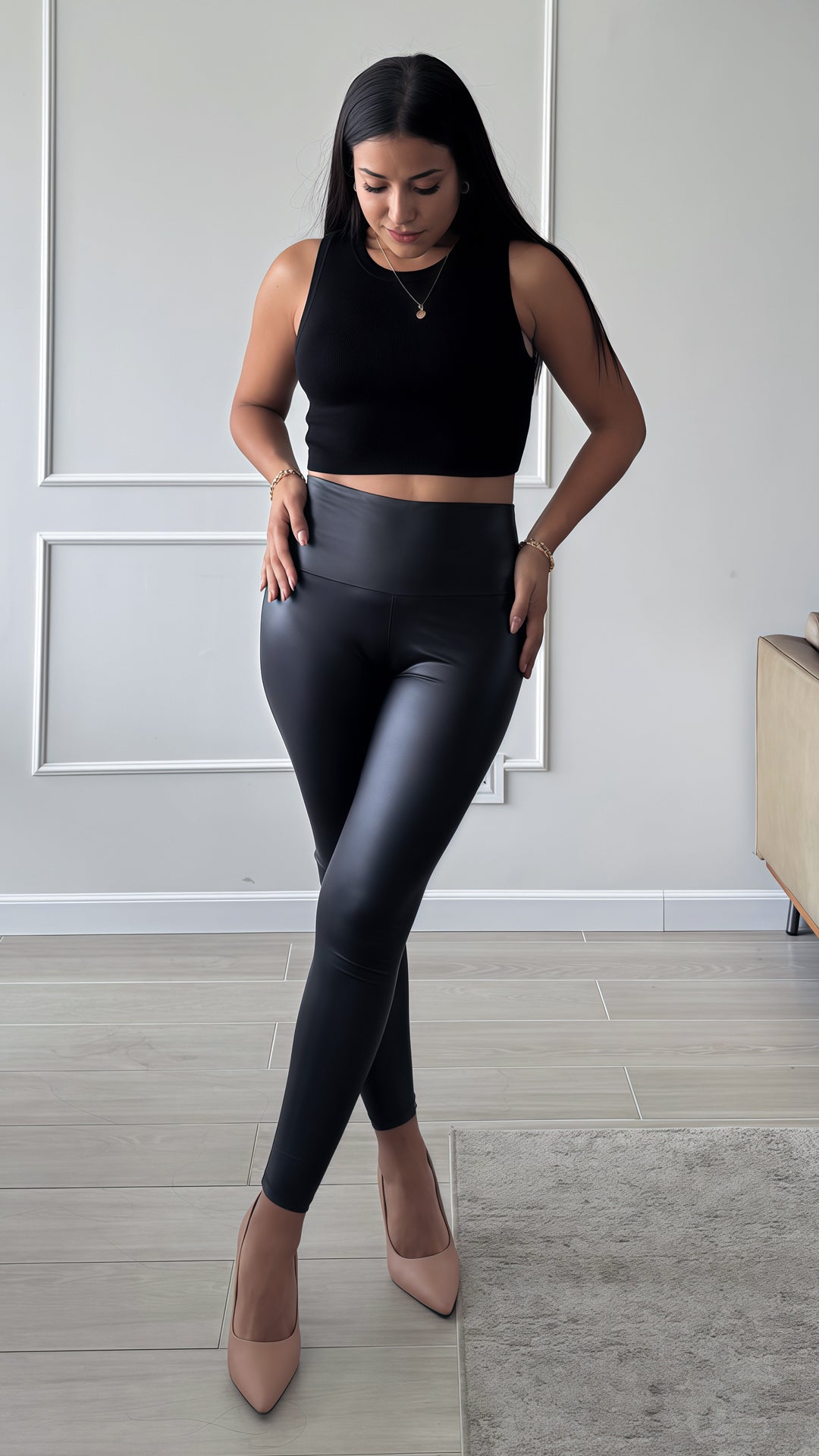 leggins efecto cuero negro cintura alta para mujer jamn boutique
