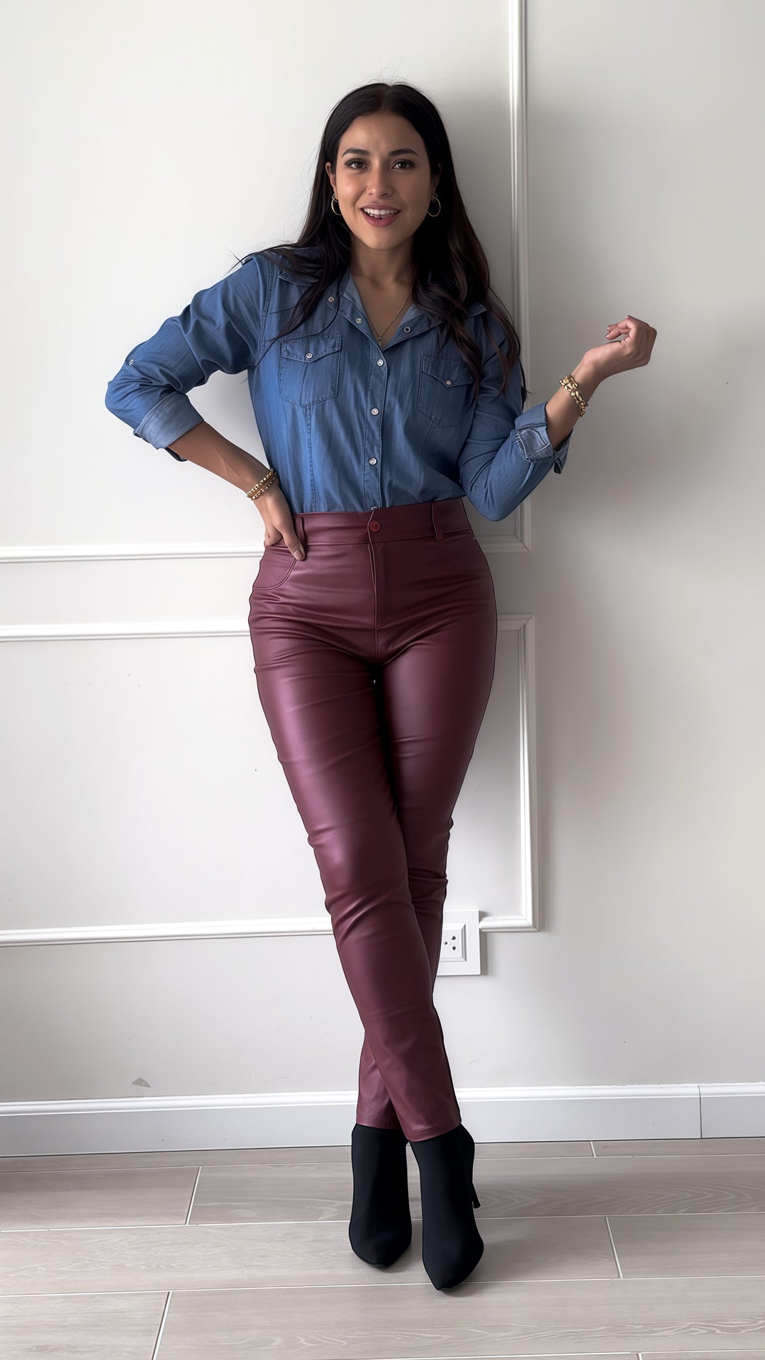 Pantalón Moscú efecto cuero guinda para mujer, tiro alto y diseño que estiliza piernas – JAMN Boutique Perú