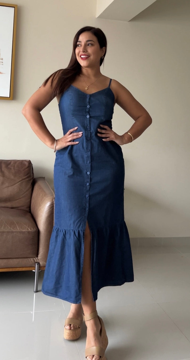 Vestido Zara denim para mujer color azul, diseño midi con tiras delgadas y corte favorecedor – JAMN Boutique